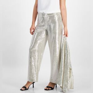 AK ANNE KLEIN WOMENS PETITE Silver Sequin PULL ON Pant NWT